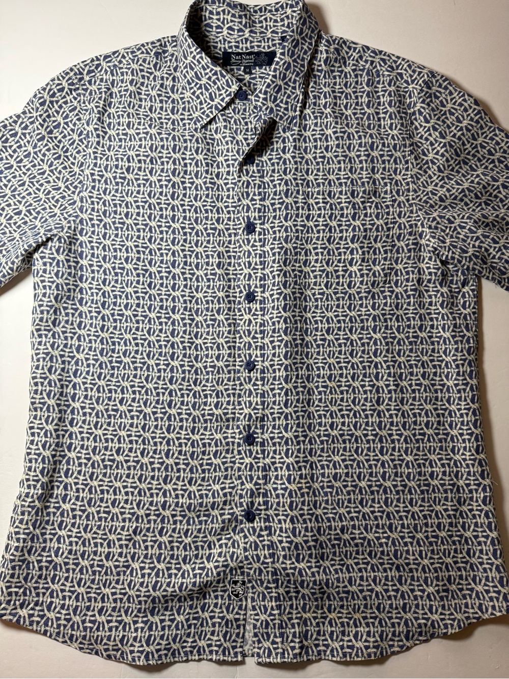 Nat Nast silk Lyocell Camp Shirt Blue ivory Geometric Print Size Medium